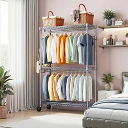 LUCKY ONE - 79.6" H 3-Tier Heavy Duty Rolling Garment Rack w/ 2 Rods Side Hooks Adjustable - Chrome