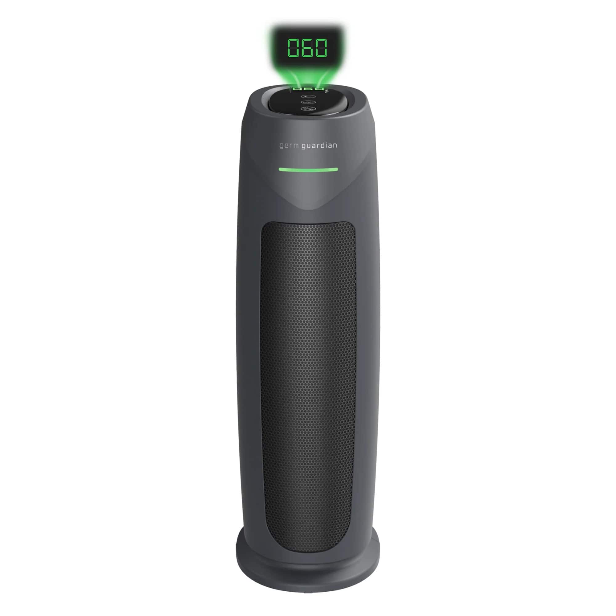 The image shows a black Germ Guardian device with a green light on top. The device is designed to protect against germs and bacteria, making it a useful tool for maintaining a clean and healthy environment.