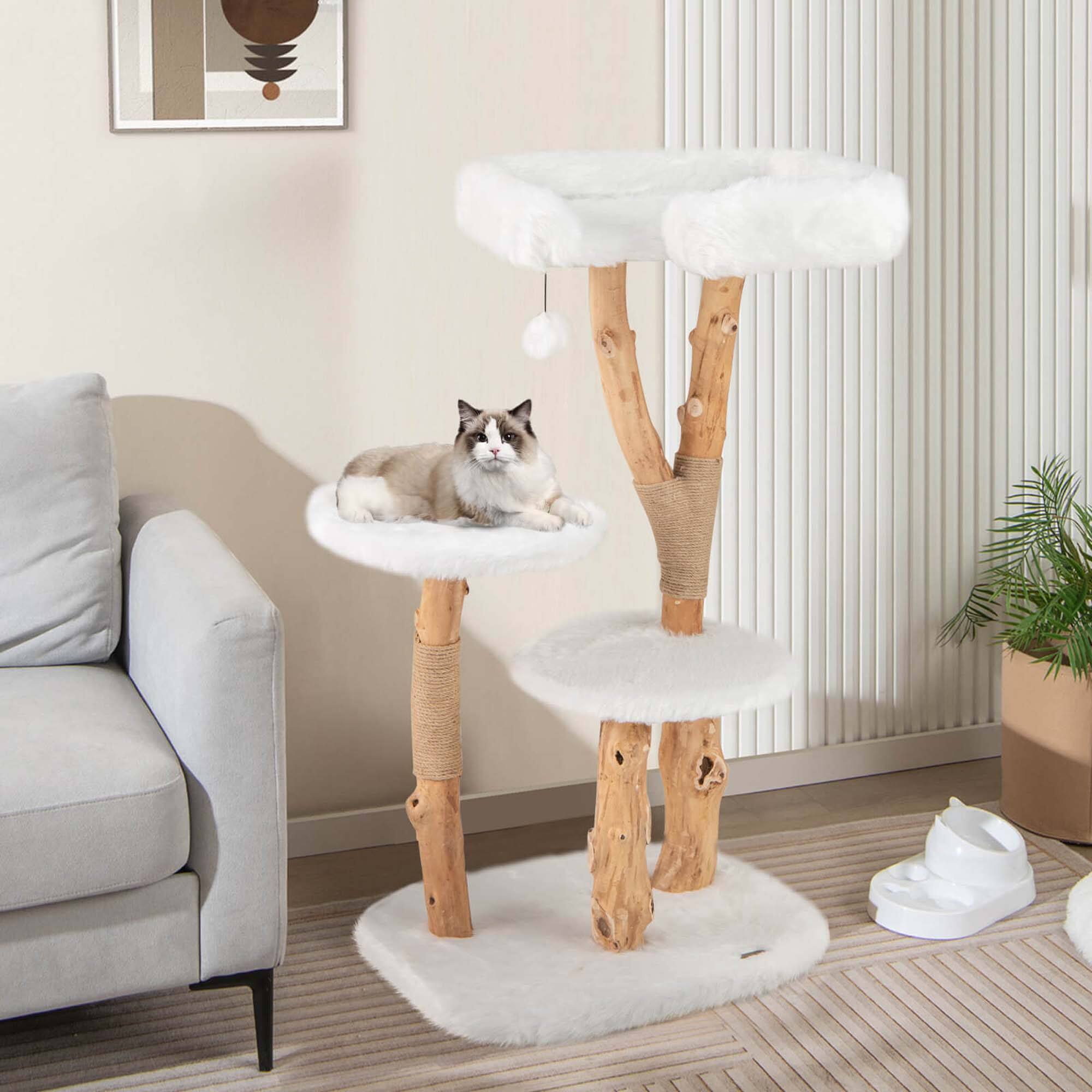 Alt View 3. Costway - Costway Solid Wood Cat Tree with Perch Natural Jute Scratching Posts Dangling Ball - Beige.