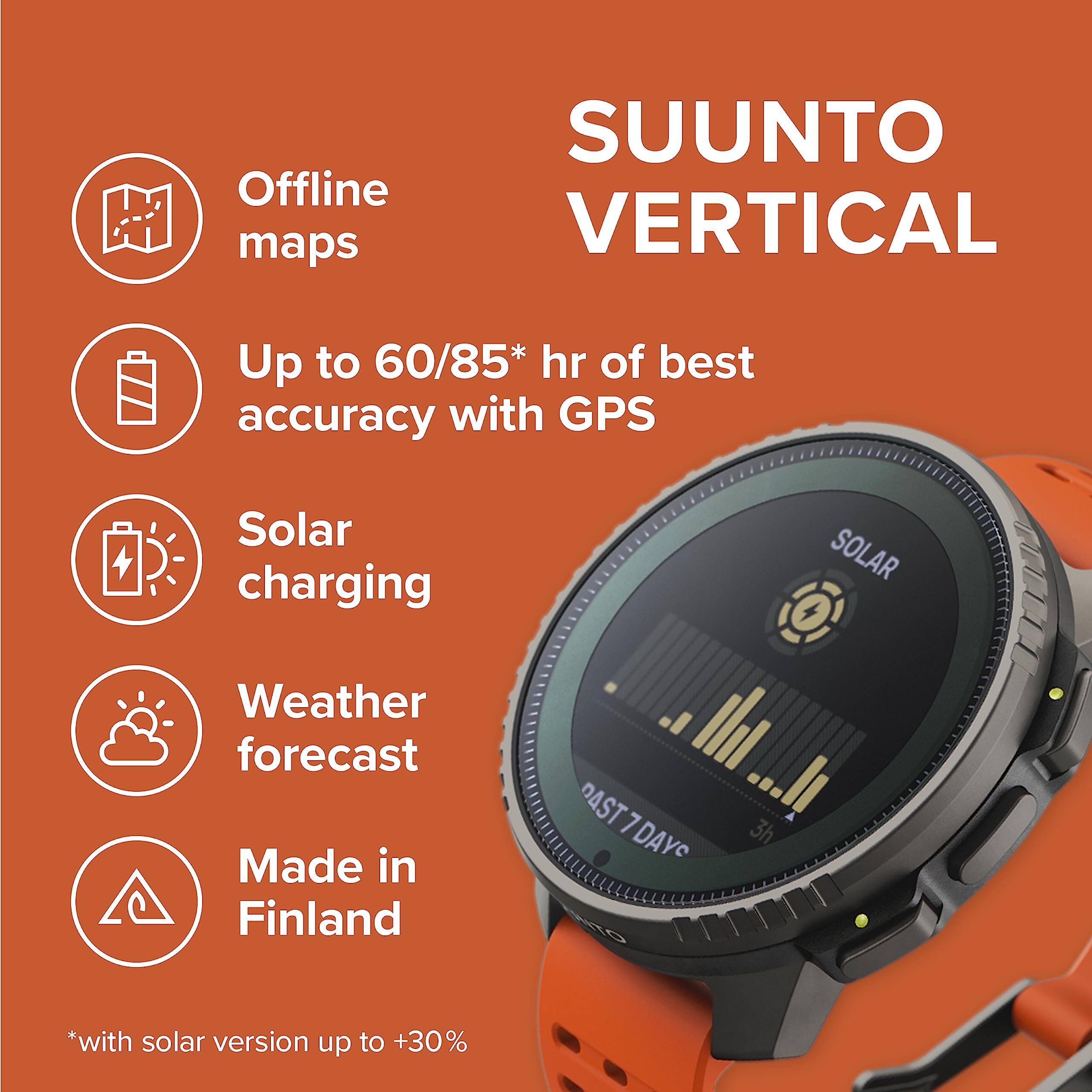 SUUNTO VERTICAL

- Offline maps
- Up to 60/85* hr of best accuracy with GPS
- Solar charging
- Weather forecast
- Made in Finland

*DAST 7 DAYS
*with solar version up to +30%