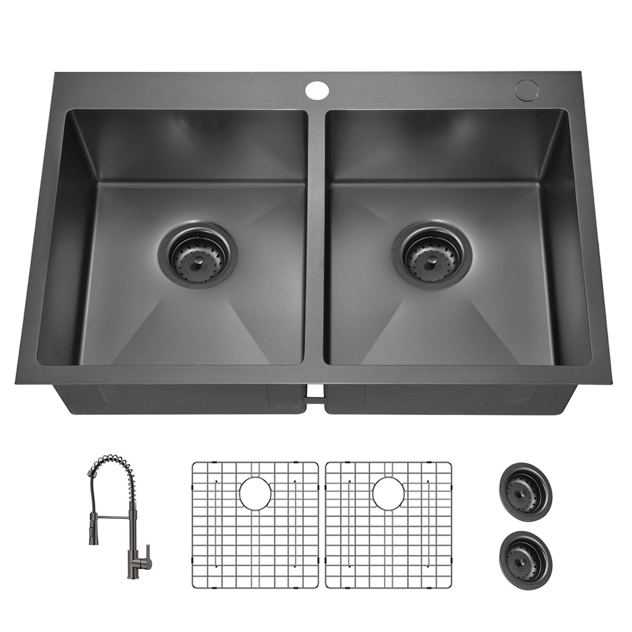 Angle. TinyHomie - 33x22 Inch Double Bowl Topmount Gunmetal Black 18Gauge Stainless Steel Kitchen Sink with Black Spring Neck Faucet - Black.