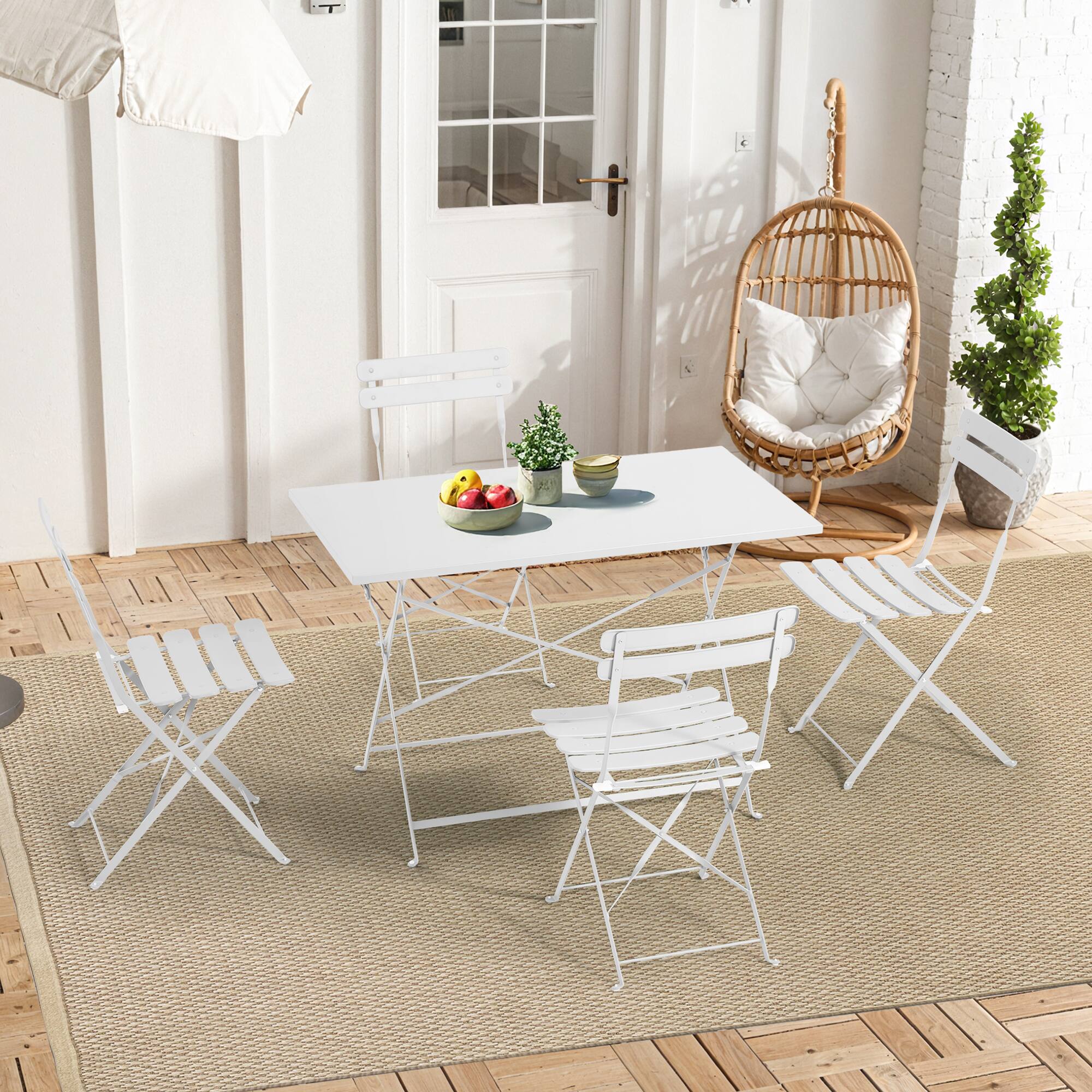 Back. U-HOMY - 5-Piece Bistro Set, Foldable Patio Dining Set, Rust-Resistant, Lightweight, Easy to Clean for Balcony, Garden, Pool - White.