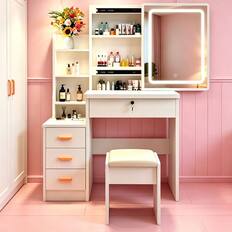 Front. Bestier - Vanity Set with Mirror and Lights, Bedroom Makeup Table with Storage, Vanity Desk Dressing Table with Lighting & Stool - White.