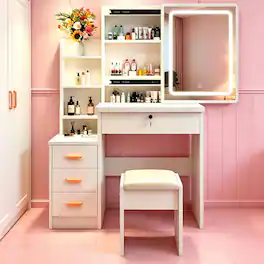 Bestier - Vanity Set with Mirror and Lights, Bedroom Makeup Table with Storage, Vanity Desk Dressing Table with Lighting & Stool - White