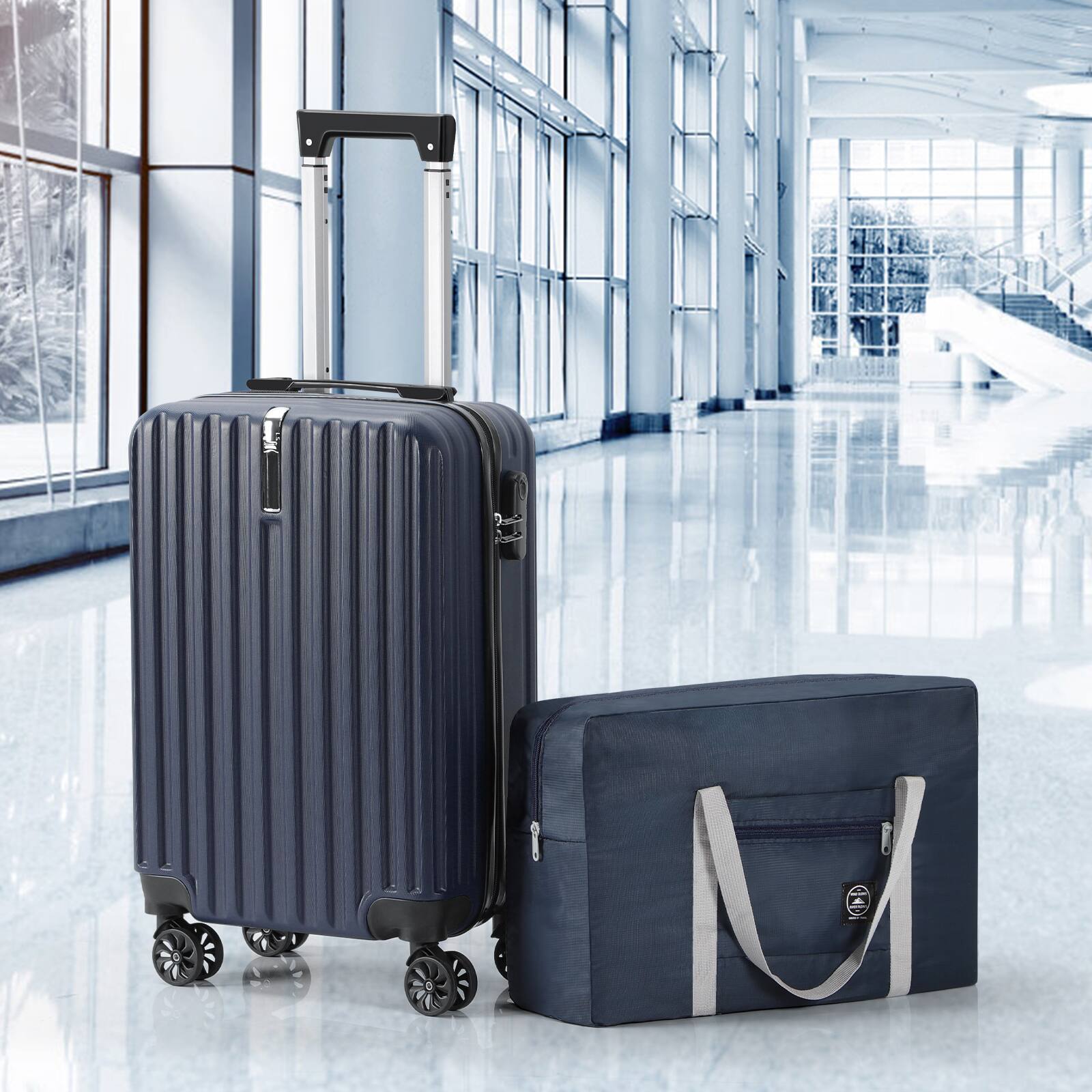 Alt View 4. Oumilen - 2 Piece Luggage Set – 20in Hard Shell Carry On with Hook & Foldable Bag, Navy Blue, Combo Lock, Spinner Wheels - Navy Blue.