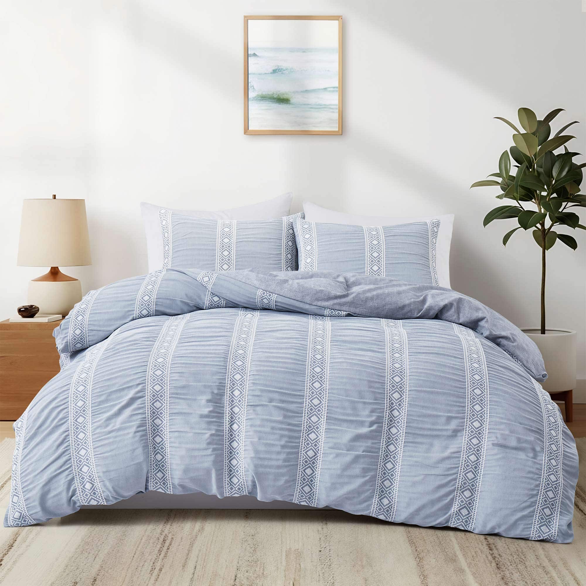 Peace Nest - Textured Geometric Duvet Cover Set with Pillowcases for All Season, Full/Queen - Blue