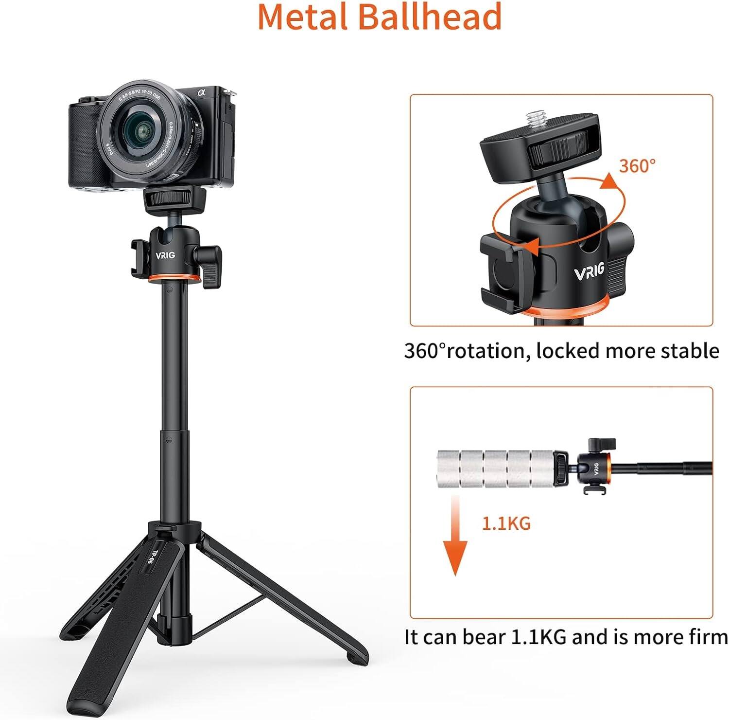 Metal Ballhead

360° rotation, locked more stable

It can bear 1.1KG and is more firm