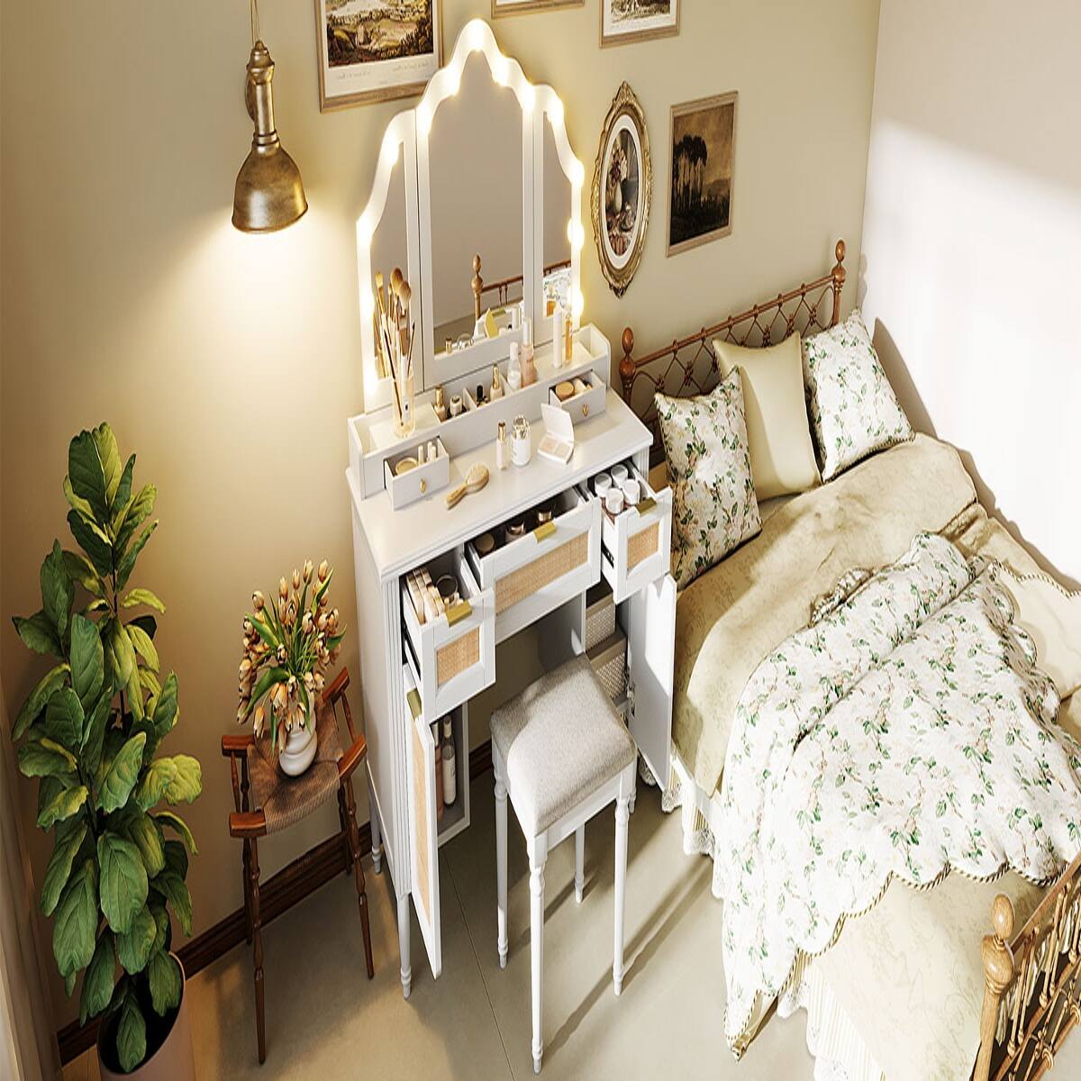 Alt View 8. Loheer - Loheer White Makeup Vanity with Tri Fold Mirror and Matching Stool - White.