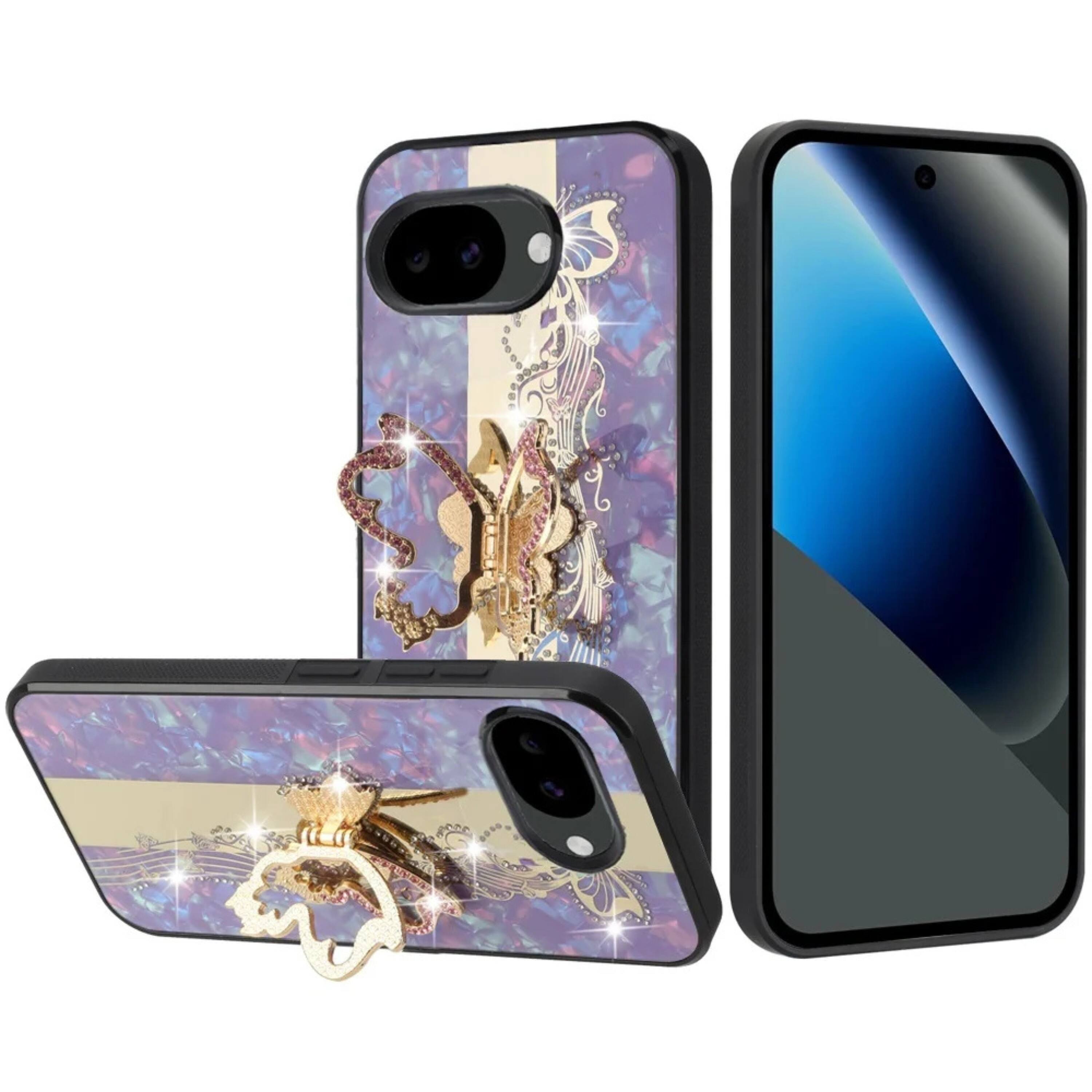 Angle. Kitcheniva - Enchanted Butterfly Rhinestone Bling Glitter Cover Phone Case With Tempered Glass For Google Pixel 10a Purple - Purple.