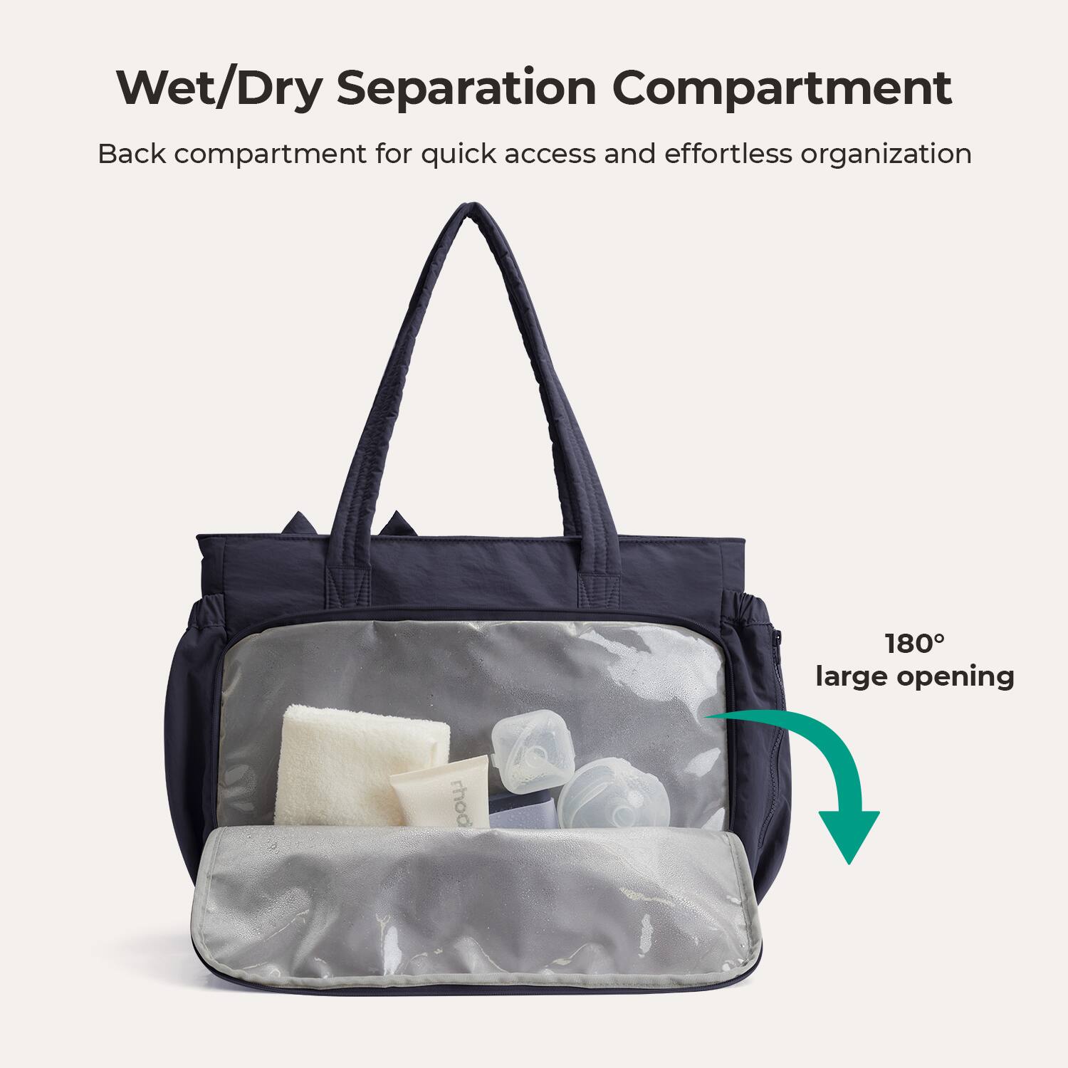 Wet/Dry Separation Compartment  
Back compartment for quick access and effortless organization  
180° large opening