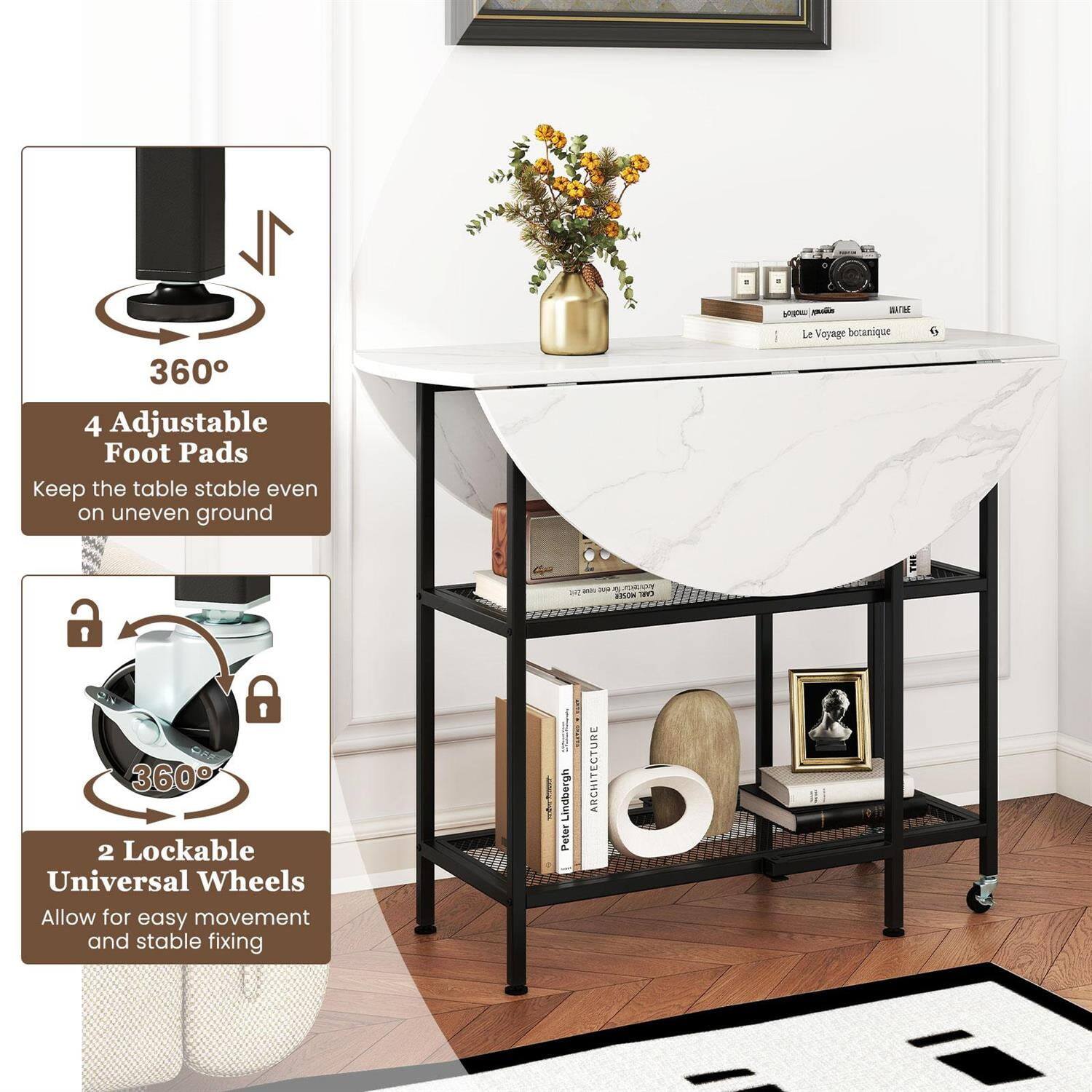 1L 360 4 Adjustable Foot Pads  
Keep the table stable even on uneven ground  

2 Lockable Universal Wheels  
Allow for easy movement and stable fixing  

Le Voyage botanique  
Lindbergh Peter ARCHITECTURE