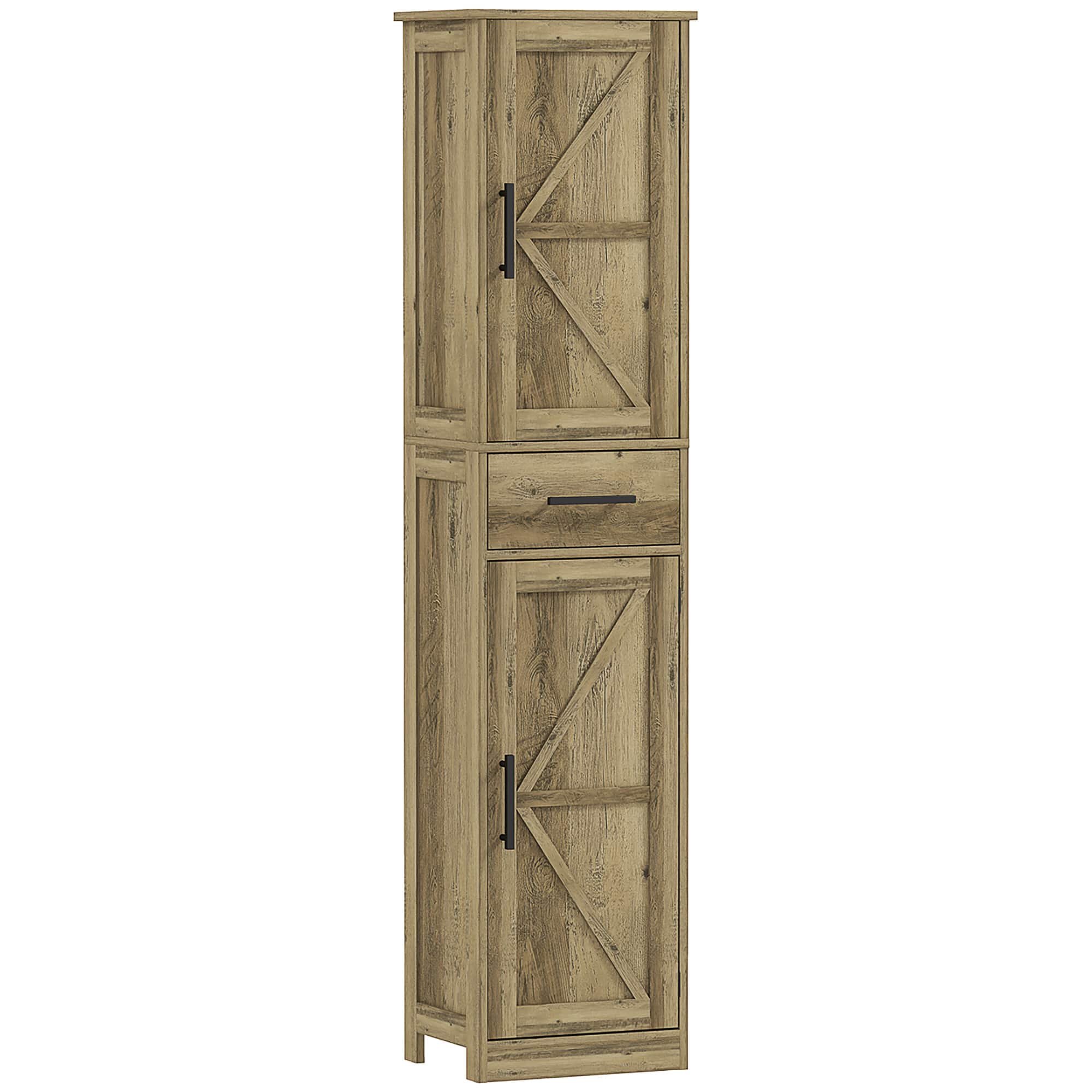 Homcom - Narrow Bathroom Storage Cabinet, 67" Tall Farmhouse Cabinet with Drawer, Barn Doors and Adjustable Shelves - Distressed Gray