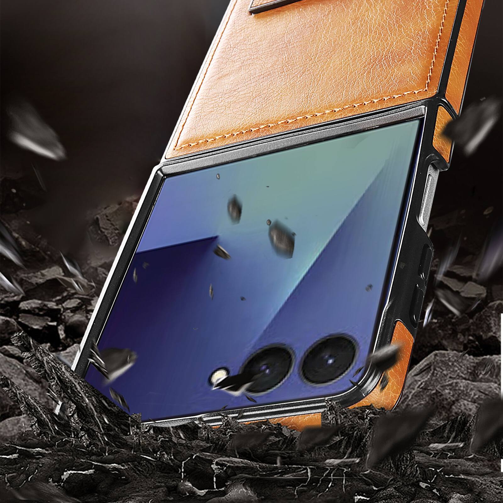 Back. Dteck - Shockproof Case for Samsung Galaxy Z Flip8 with Adjustable Kickstand, Retro Leather Texture Rigid PC Protective Cover - Black.
