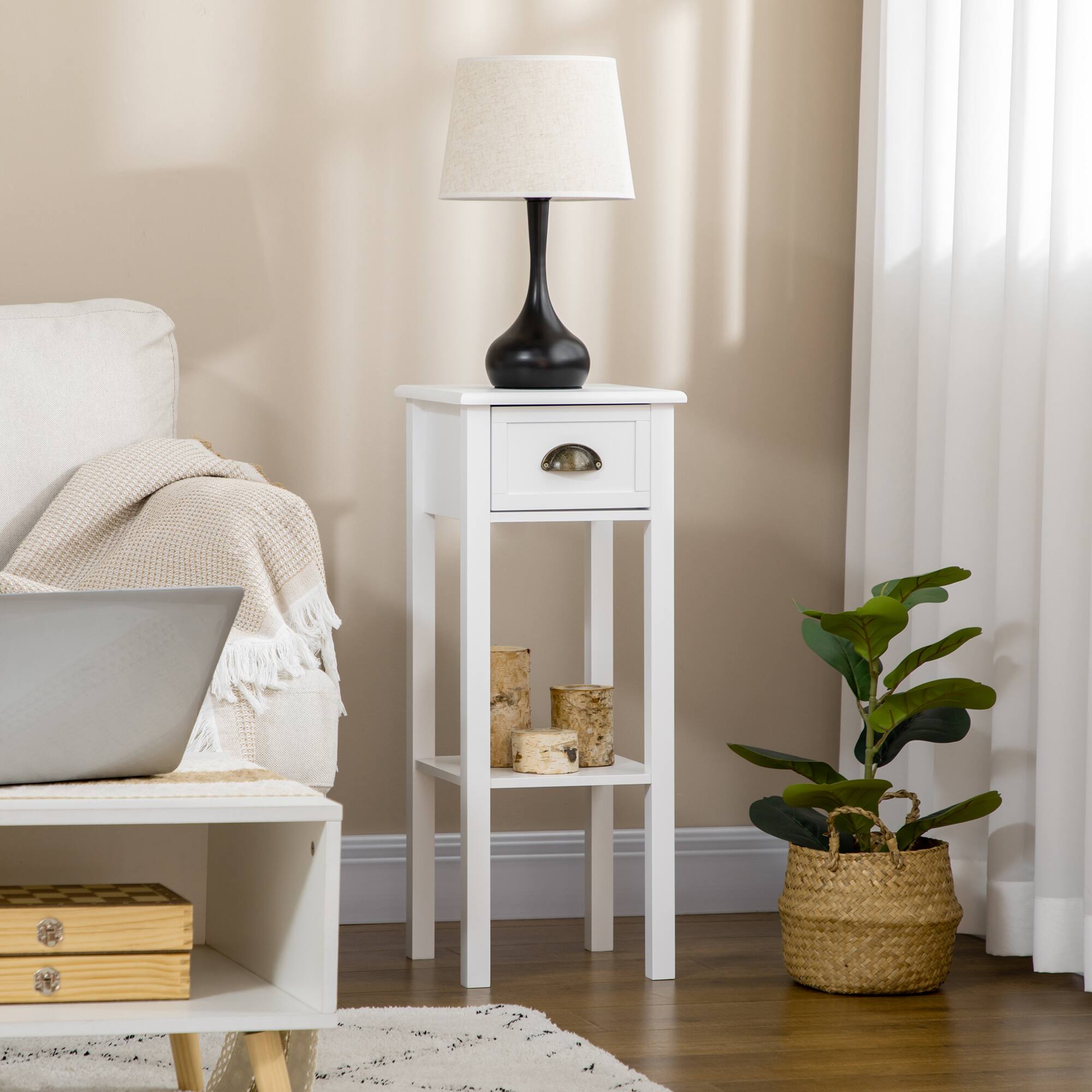 Alt View 1. Homcom - 2-Tier Side Table w/ Drawer & Bottom Shelf, Narrow End Table for Living Room - White.
