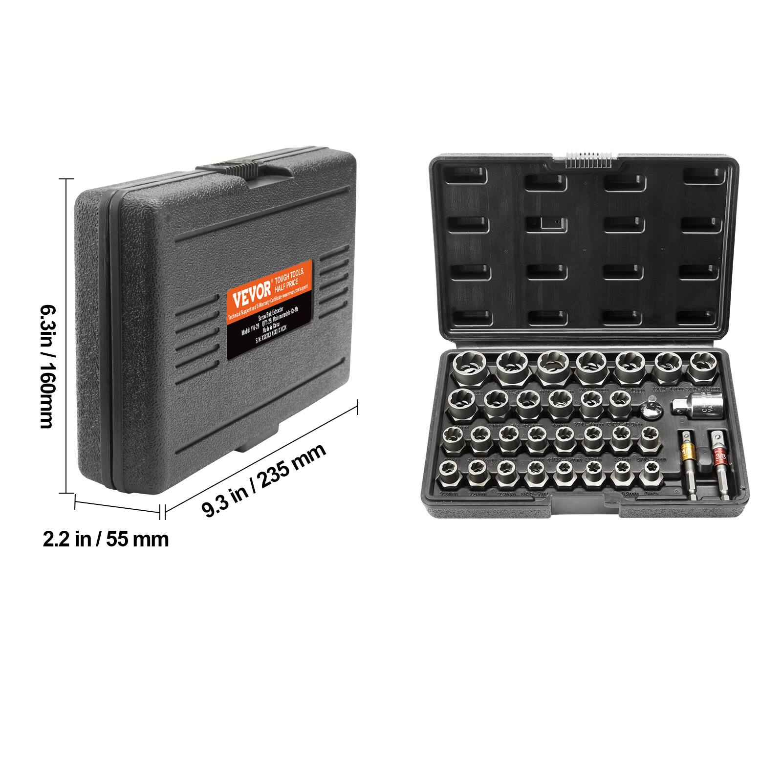 6.3 in / 160 mm  
2.2 in / 55 mm  
9.3 in / 235 mm  

VEVOR  
TOUGH TOOLS  
VEVOR.com