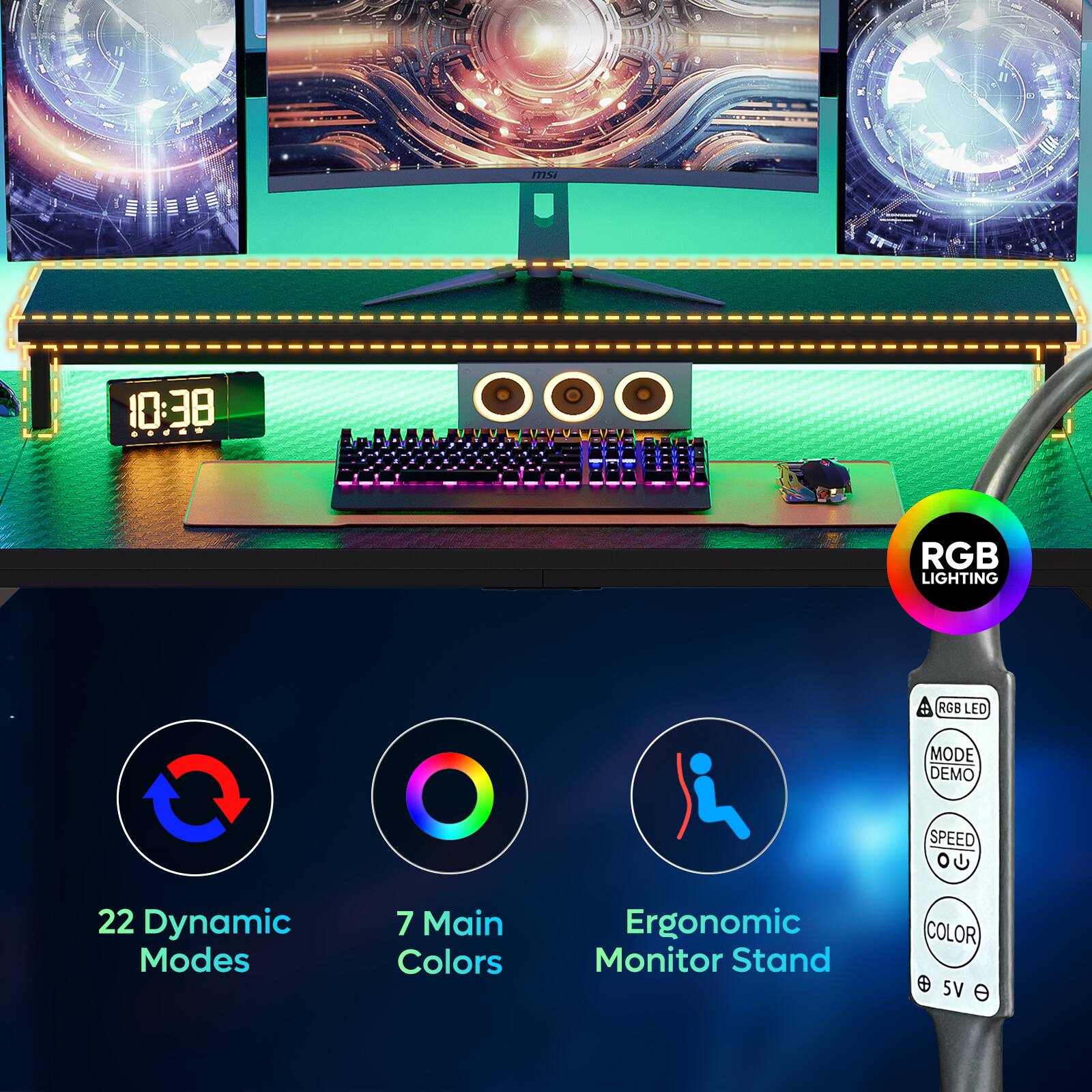 The image features a computer setup with a monitor, keyboard, and mouse. The monitor is surrounded by three additional monitors, creating a total of four screens. The keyboard is purple and has a colorful design, while the mouse is located to the right of the keyboard. The setup is advertised as having 22 dynamic modes and 7 main colors, with ergonomic monitor stand and RGB LED lighting. The image also includes a clock, which is positioned on the left side of the setup.