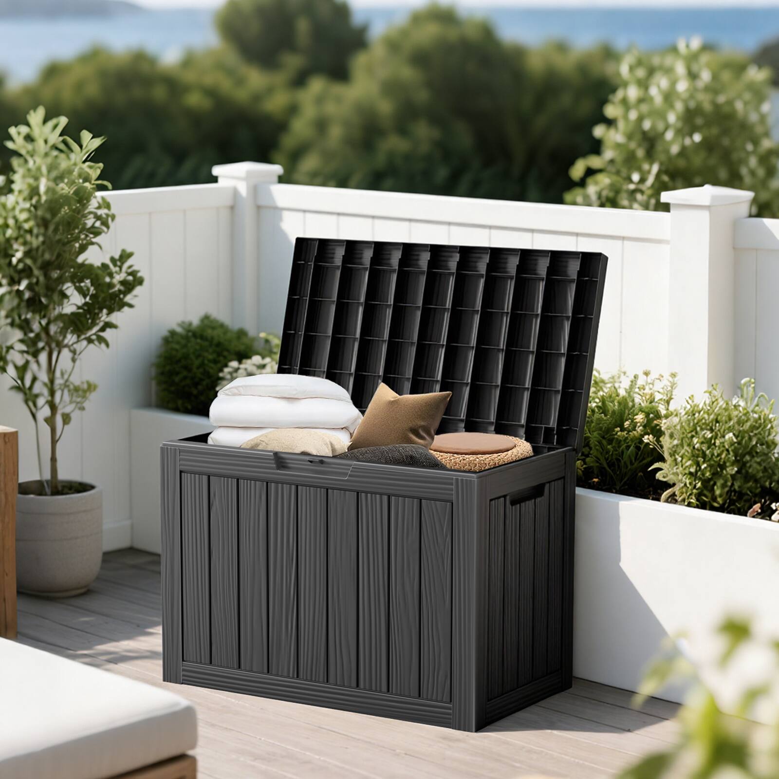 Back. Chery Life - 45 Gallon Waterproof Resin Outdoor Storage Box for Patio Cushions, Gardening Tools - Black.