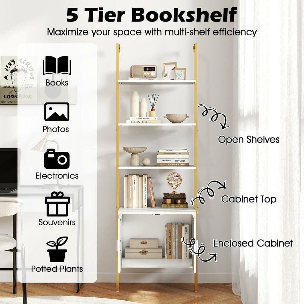 5 Tier Bookshelf  
Maximize your space with multi-shelf efficiency  

Books  
Photos  
Electronics  
Souvenirs  
Potted Plants  

Open Shelves  
Cabinet Top  
Enclosed Cabinet