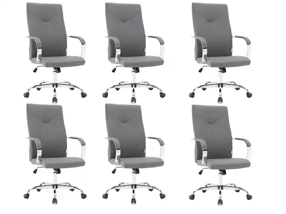 Front. LeisureMod - Set of 6 Sonora High-Back Ergonomic Leather Upholstered Desk Office Chair with Chrome Finish Base for Home Office - Grey.