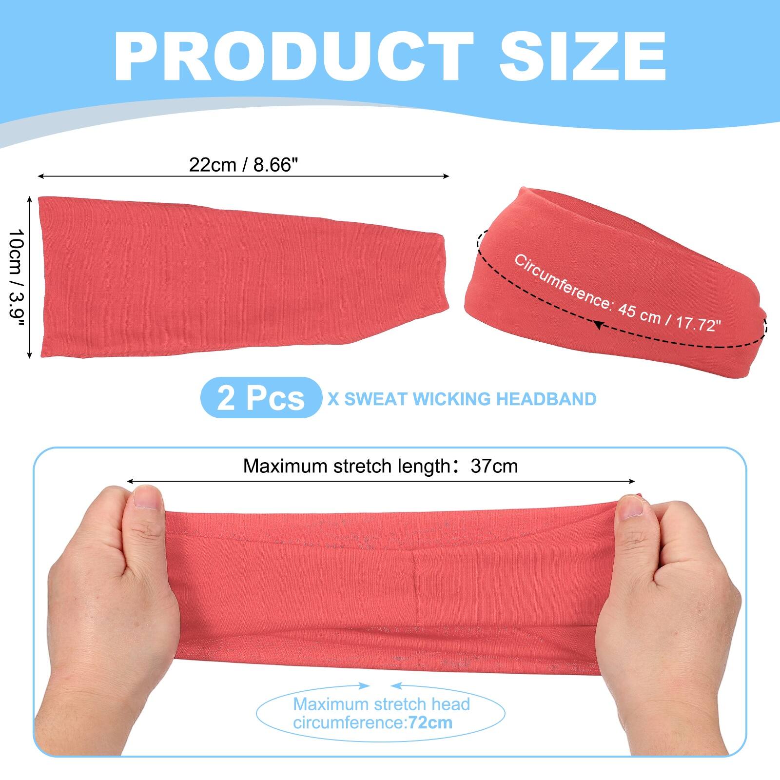 PRODUCT SIZE

22cm / 8.66"  
10cm / 3.9"  
Circumference: 45 cm / 17.72"  

2 Pcs X SWEAT WICKING HEADBAND  

Maximum stretch length: 37cm  
Maximum stretch head circumference: 72cm