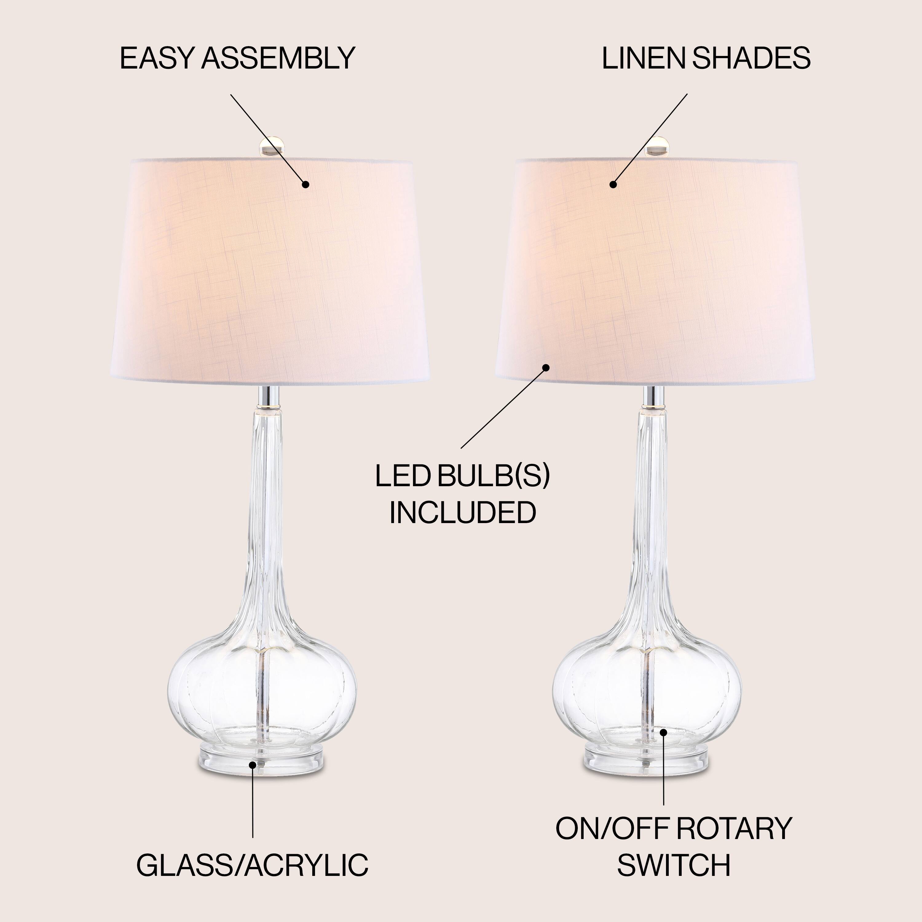 - EASY ASSEMBLY
- LINEN SHADES
- LED BULB(S) INCLUDED
- GLASS/ACRYLIC
- ON/OFF ROTARY SWITCH