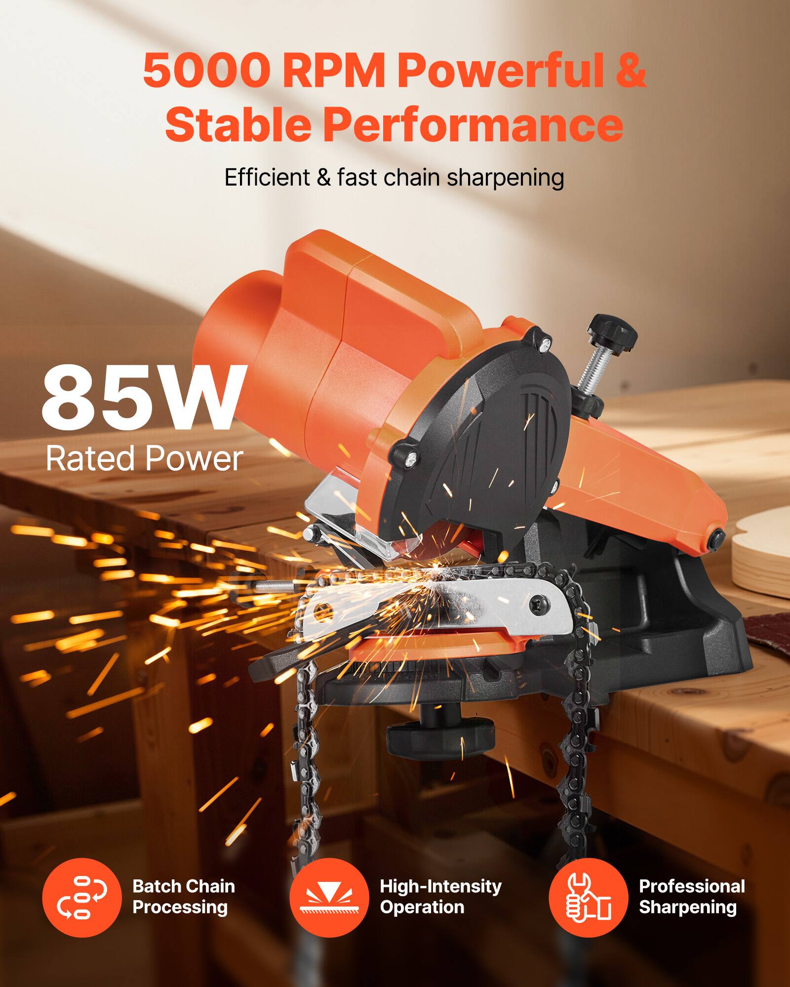 5000 RPM Powerful & Stable Performance  
Efficient & fast chain sharpening  

85W Rated Power  

Batch Chain Processing  
High-Intensity Operation  
Professional Sharpening