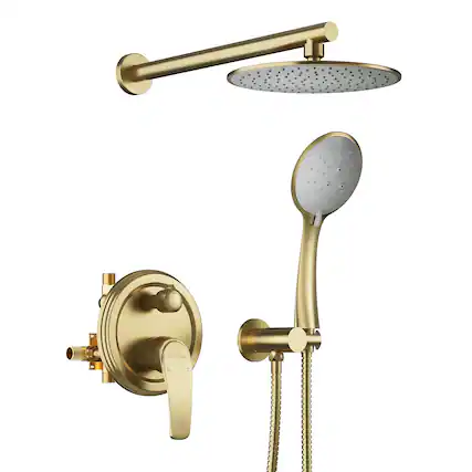Front. Boyel Living - 5-Spray 9 in. Wall Mount Fixed and Handheld Shower Head 2.4 GPM in Brushed Gold with cUPC Pressure Balance Valve - Brushed Gold.