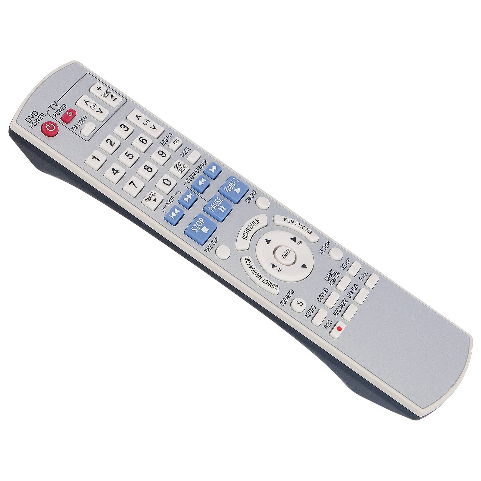 Sure, here is the corrected and grouped text from the image:

**Top Section:**
- DVD POWER
- TV POWER
- TV/VIDEO
- INPUT

**Number Pad:**
- 1 2 3
- 4 5 6
- 7 8 9
- 0

**Navigation:**
- MENU
- RETURN
- ENTER
- NAVIGATOR
- SETUP
- CREATE CHAPTER
- DIRECT
- STATUS
- SUB MENU
- DISPLAY
- AUDIO
- RECMODE
- REC

**Function Buttons:**
- SLOW/SEARCH
- PLAN13
- CANCEL
- SKIP
- PAUSE
- STOP
- SCHEDULE
- FUNCTIONS
- TIME SLIP
- SLP
- ENTER
- RETURN
- NAVIGATOR
- SETUP
- CREATE CHAPTER
- DIRECT
- STATUS
- SUB MENU
- DISPLAY
- AUDIO
- RECMODE
- REC

**Bottom Section:**
- SUB MENU
- AUDIO
- RECMODE
- REC
- REMOTE STATUS
- SUB MENU
- AUDIO
- RECMODE
- REC
- REMOTE STATUS