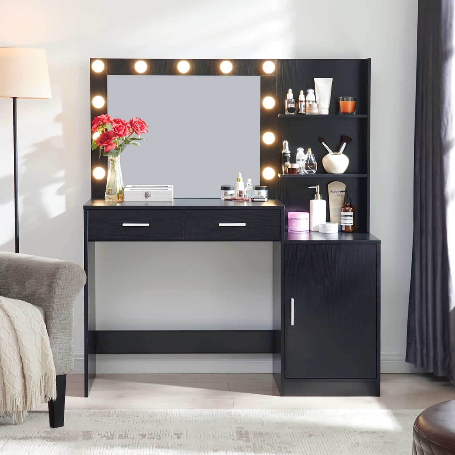 Lirago - Wood Dresser Table Desk with Mirror Dressing Table with Lights for Bedroom - Black