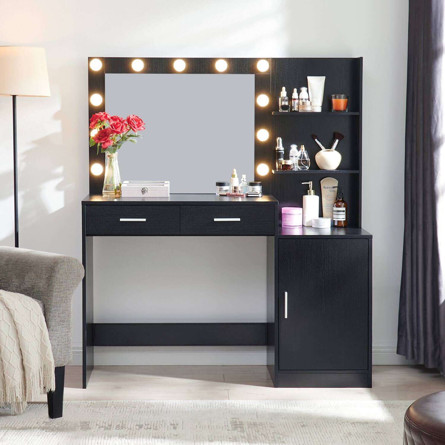 Front. Lirago - Black Wood Dresser Table Desk with Mirror Dressing Table with Lights for Bedroom - Black.