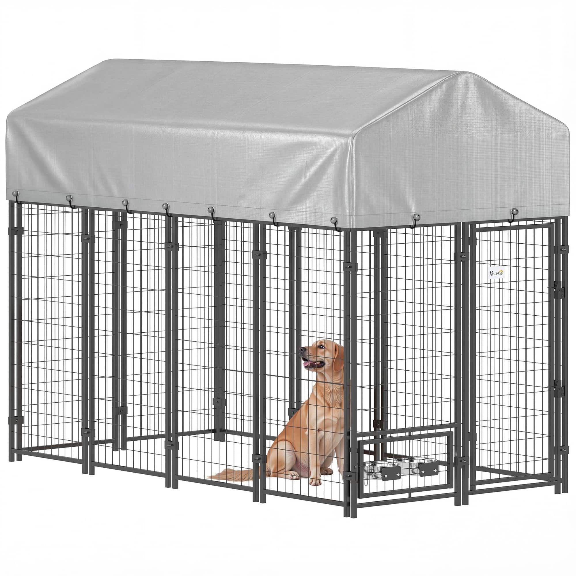 Pawhut - x 4' x 6' Outdoor Dog Kennel, Dog Kennel Outside Run with 360° Rotating Bowls - Silver