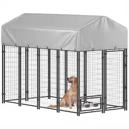 Pawhut - x 4' x 6' Outdoor Dog Kennel, Dog Kennel Outside Run with 360° Rotating Bowls - Silver