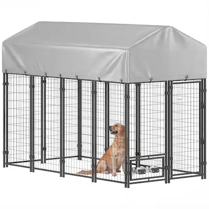 Front. Pawhut - x 4' x 6' Outdoor Dog Kennel, Dog Kennel Outside Run with 360° Rotating Bowls - Silver.