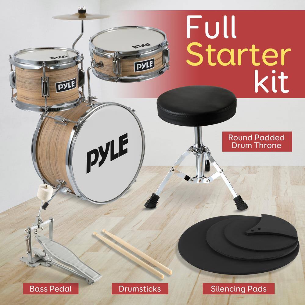 PYLE Full Starter Kit  
- Round Padded Drum Throne  
- Bass Pedal  
- Drumsticks  
- Silencing Pads