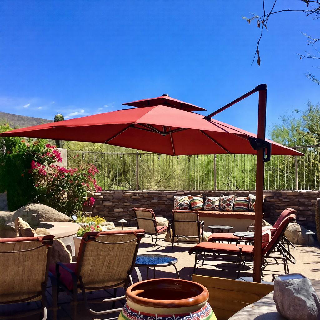 Angle. PURPLE LEAF - 10 ft. Patio Square Outdoor Large Cantilever Umbrella Windproof Offset Heavy Duty Sun Umbrella with Base for Garden - Brick Red.