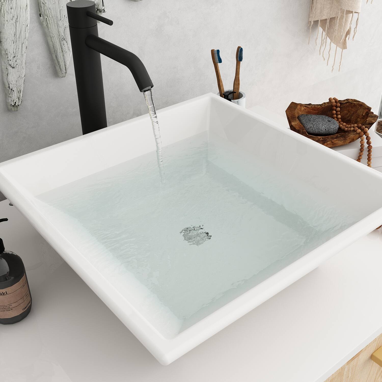 Alt View 5. Famapy - Bathroom Vanity with Ceramic Sink – Modern Natural Wood-Style Storage Cabinet with Drawers & Countertop Space - White & Wooden.