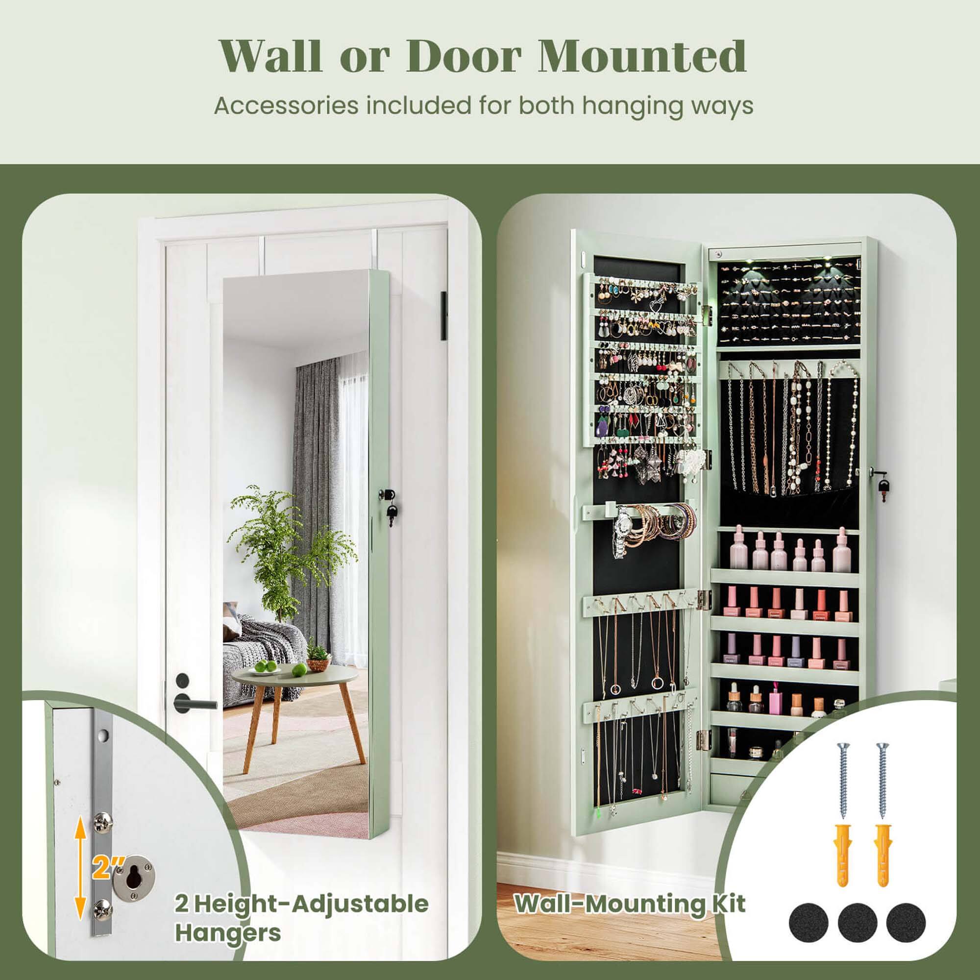 Wall or Door Mounted  
Accessories included for both hanging ways  

2 Height-Adjustable Wall-Mounting Kit Hangers  

Wall-Mounting Kit