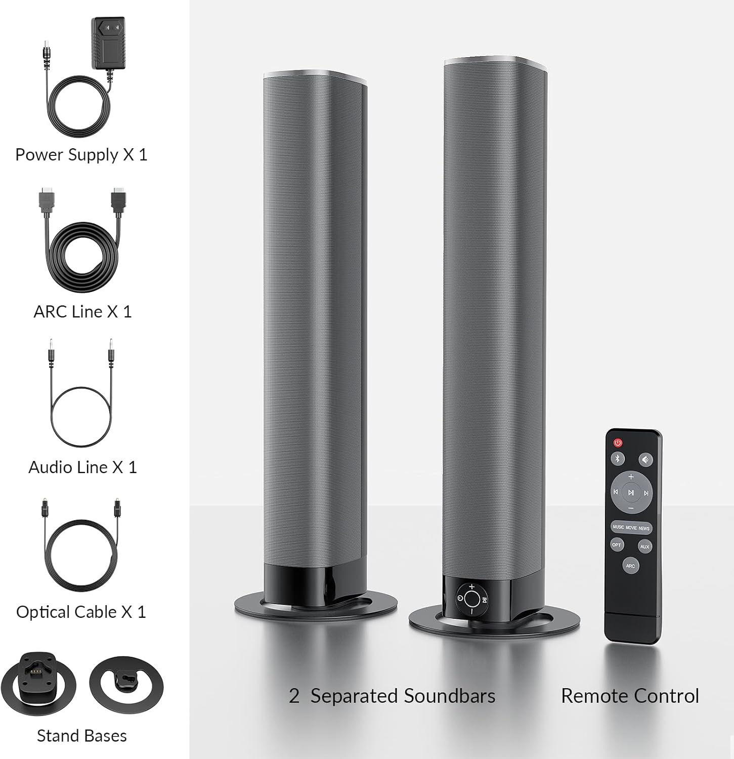 Power Supply X 1  
ARC Line X 1  
Audio Line X 1  
Optical Cable X 1  
2 Separated Soundbars  
Remote Control  
Stand Bases