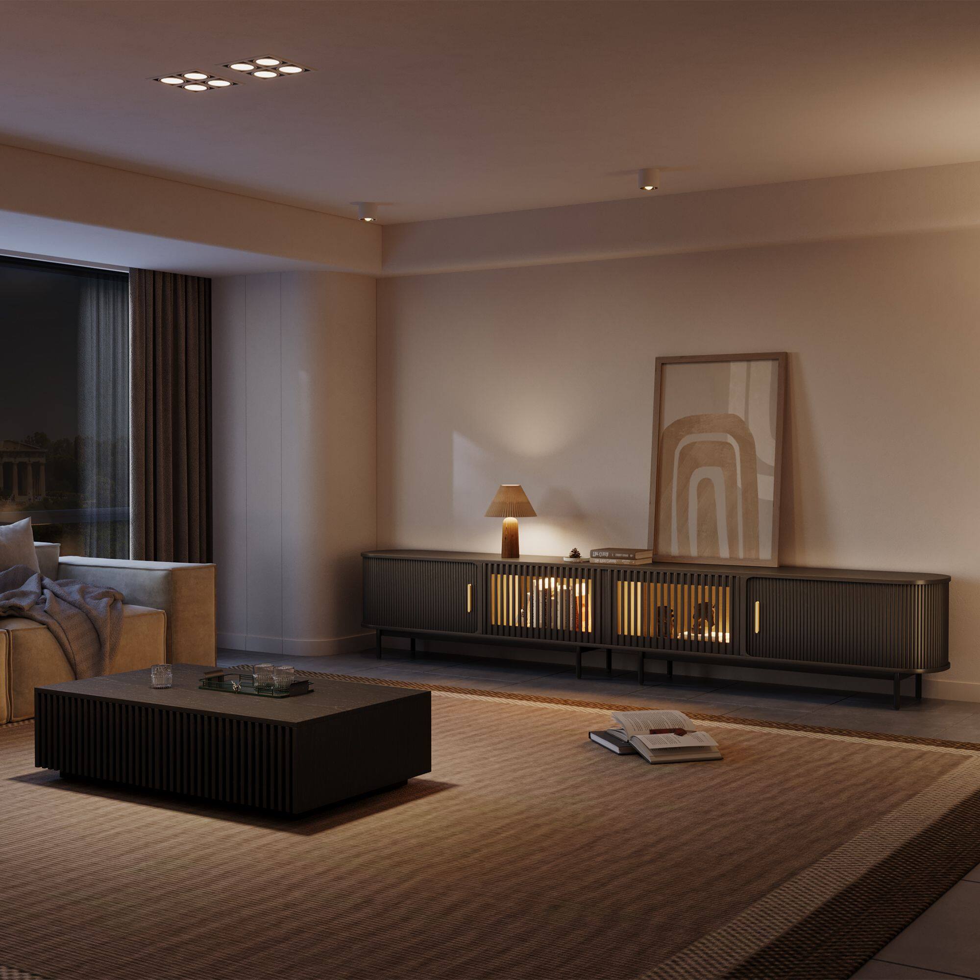 Left. POVISON - 118"Mid-Century Modern Tambour Door TV Stand,Black with LED Lights - Black with LED Lights.