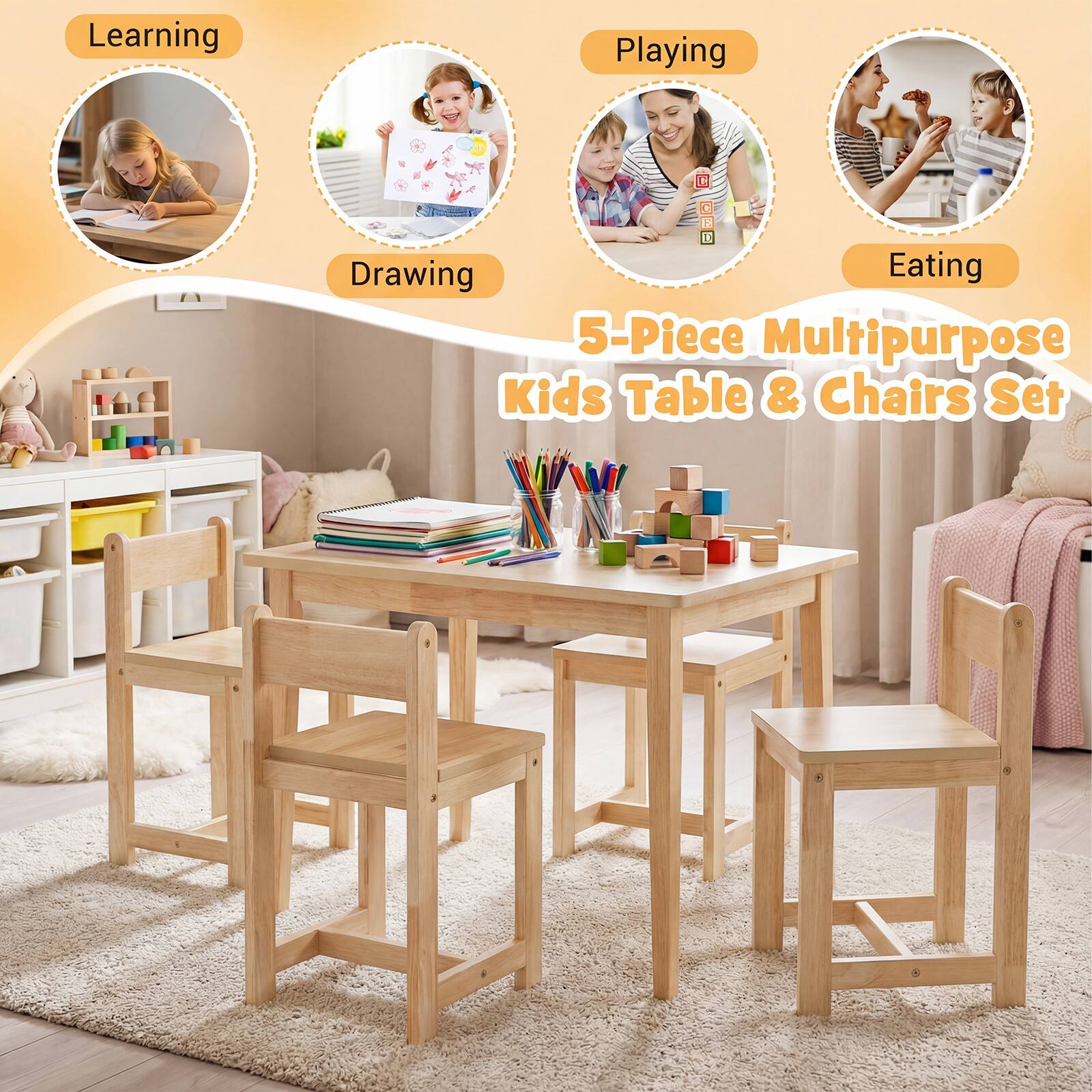 Learning  
Playing  
Drawing  
Eating  

5-Piece Multipurpose Kids Table & Chairs Set