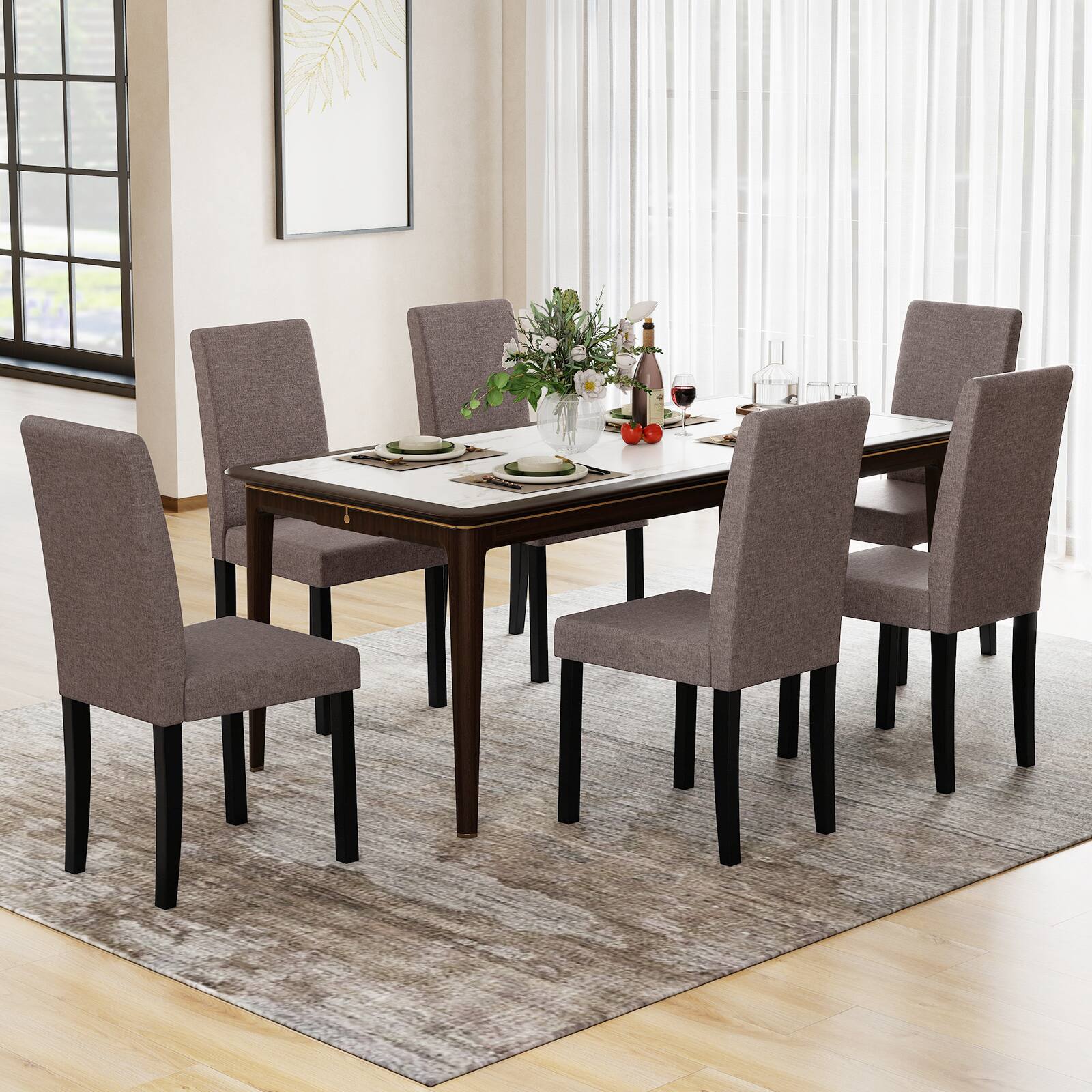 Alt View 3. Gymax - Gymax Dining Chair Set of 4 Fabric Upholstered Rubber Wood Legs Side Armless Brown - Brown.