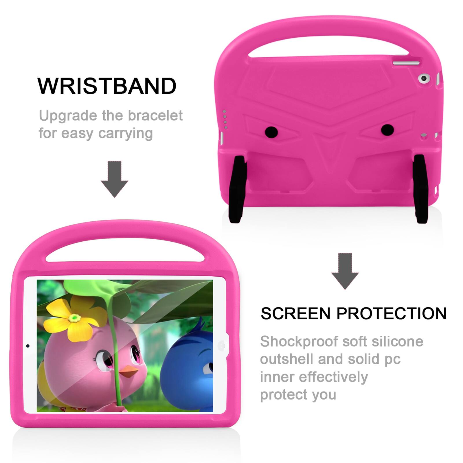 WRISTBAND  
Upgrade the bracelet for easy carrying

SCREEN PROTECTION  
Shockproof soft silicone outshell and solid pc inner effectively protect you