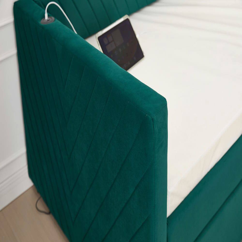 Alt View 9. Kadyn - Twin Upholstered Daybed with Trundle, USB Port & Side Pockets, Modern V-Grain Backrest, No Box Spring - Green.