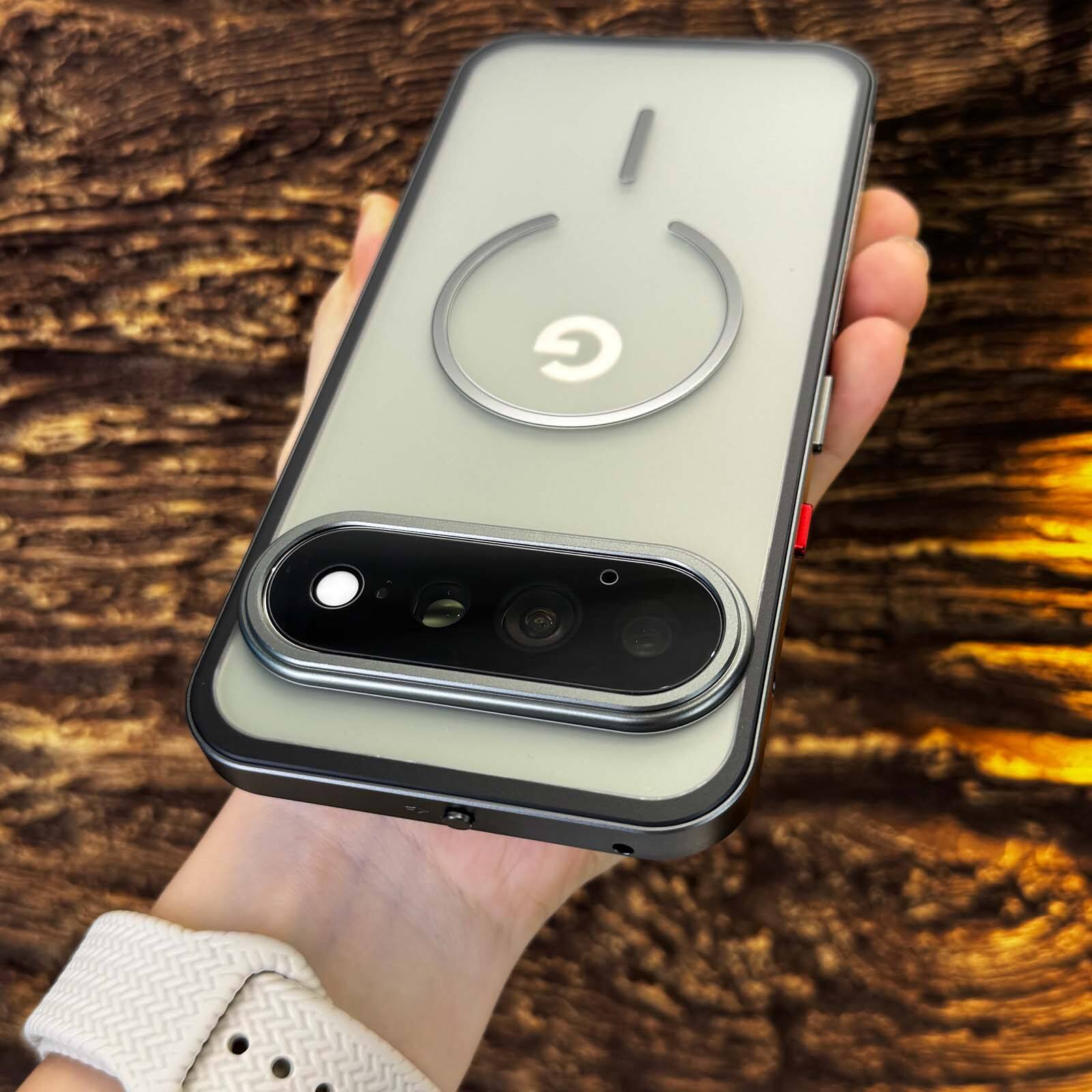 Left. Dteck - Magnetic Aluminum Bumper Case for Google Pixel 11 Pro, Slim Shockproof Translucent Matte Phone Cover with Buckle Lock - Silver.
