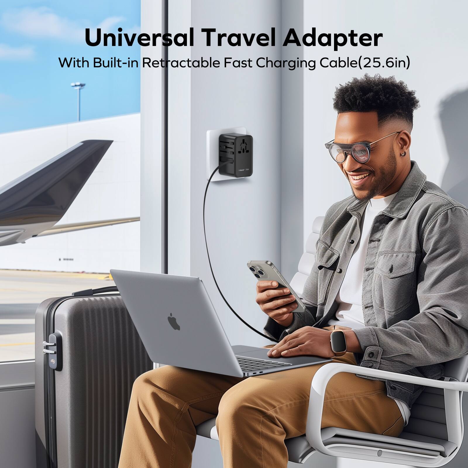 Universal Travel Adapter with Built-in Retractable Fast Charging Cable (25.6in)