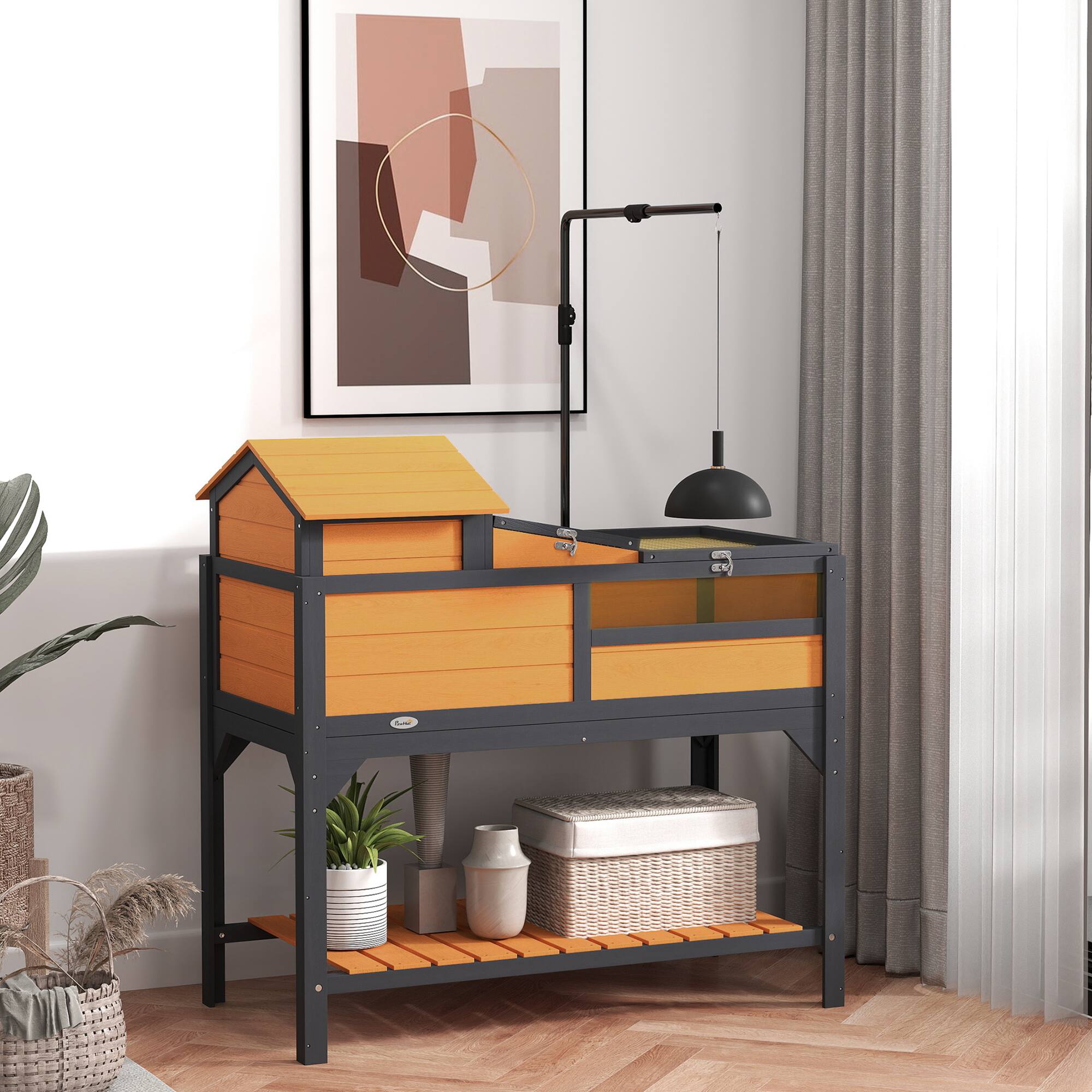 Angle. Pawhut - Tortoise Habitat with Adjustable Lamp Holder, 2 Layer Enclosure, Storage Shelf, Removable House, Fixed Tray.