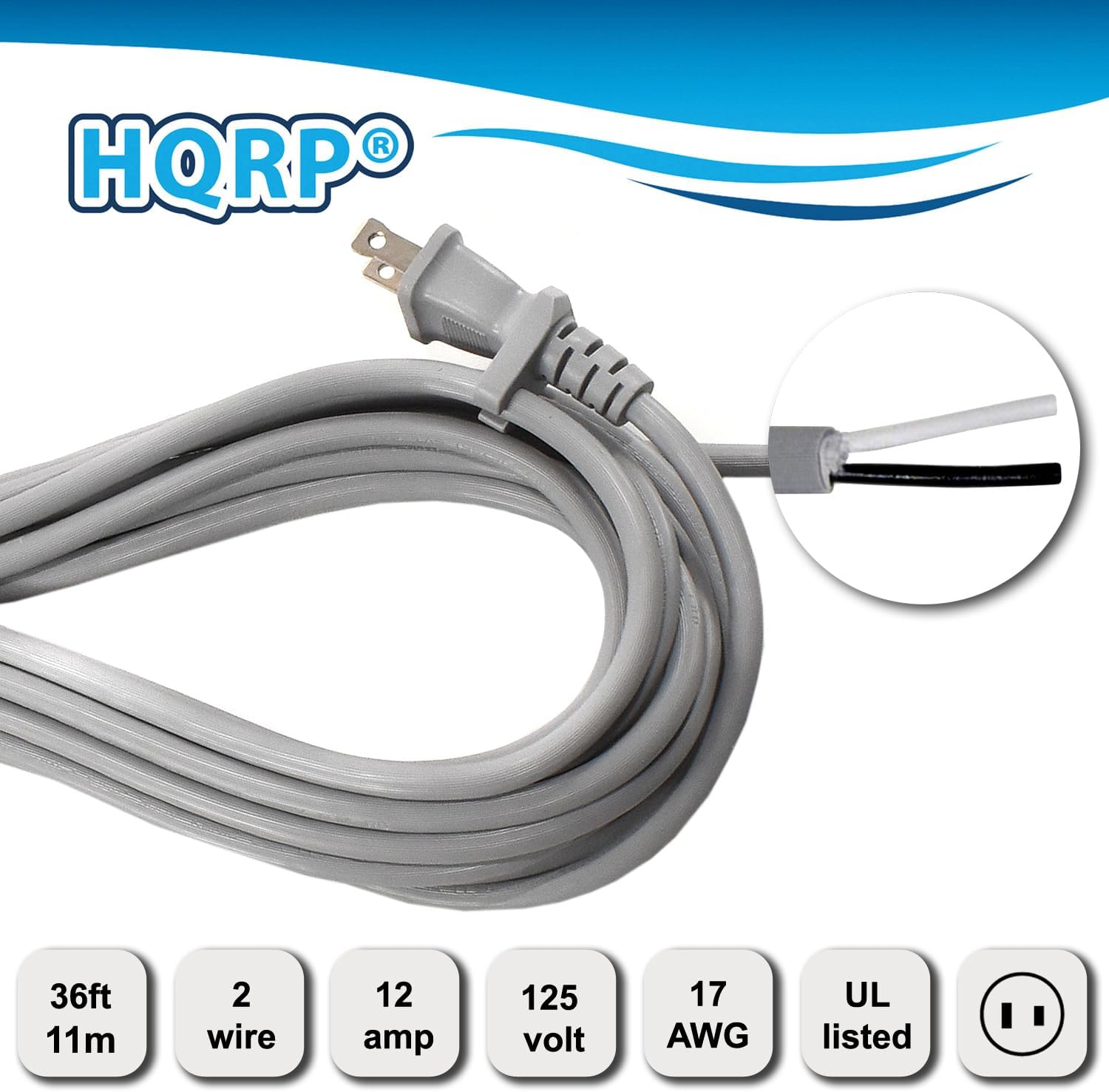 HQRP 36ft 11m 2 wire 12 amp 125 volt 17 AWG UL listed