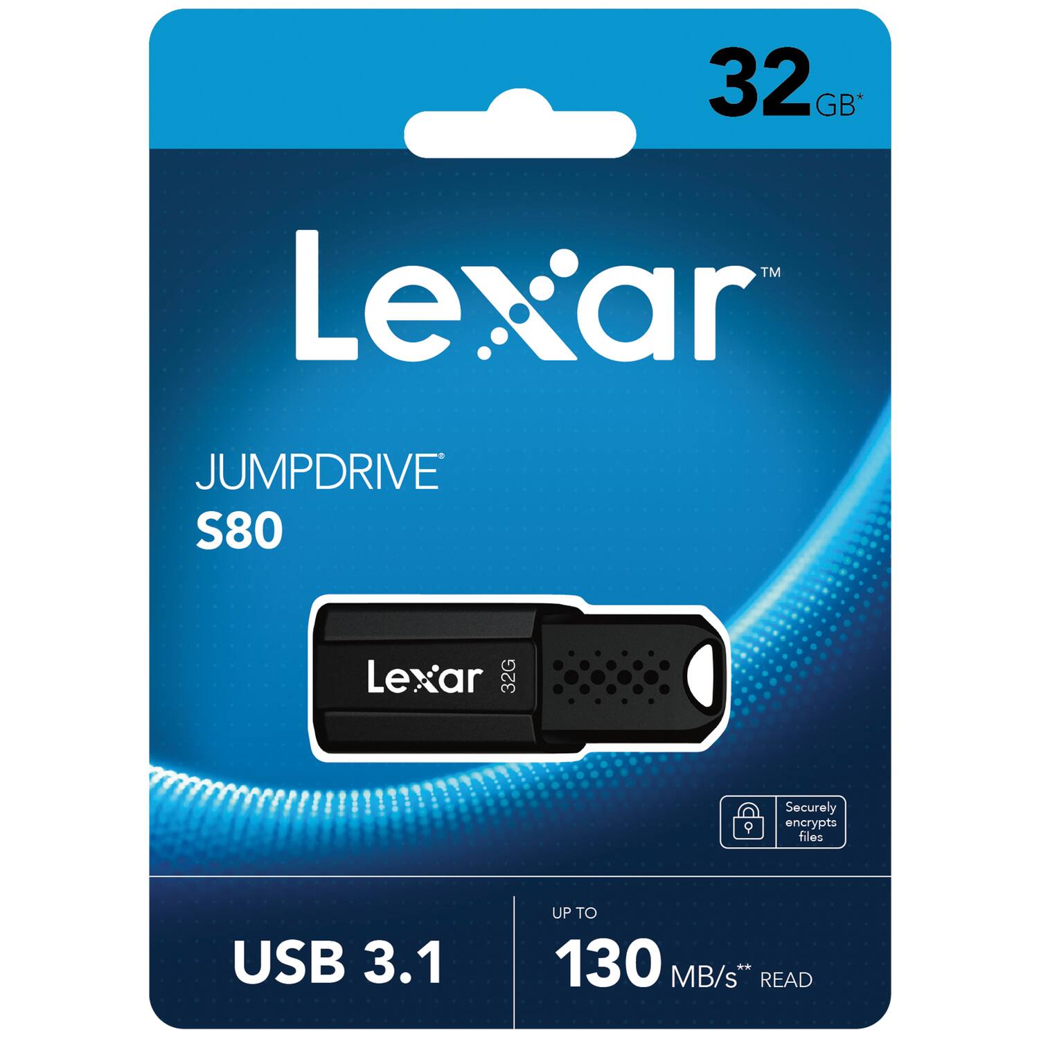 32 GB* TM Lexar JUMPDRIVE S80  
Lexar 32G  
Securely encrypts files  
USB 3.1  
UP TO 130 MB/s** READ
