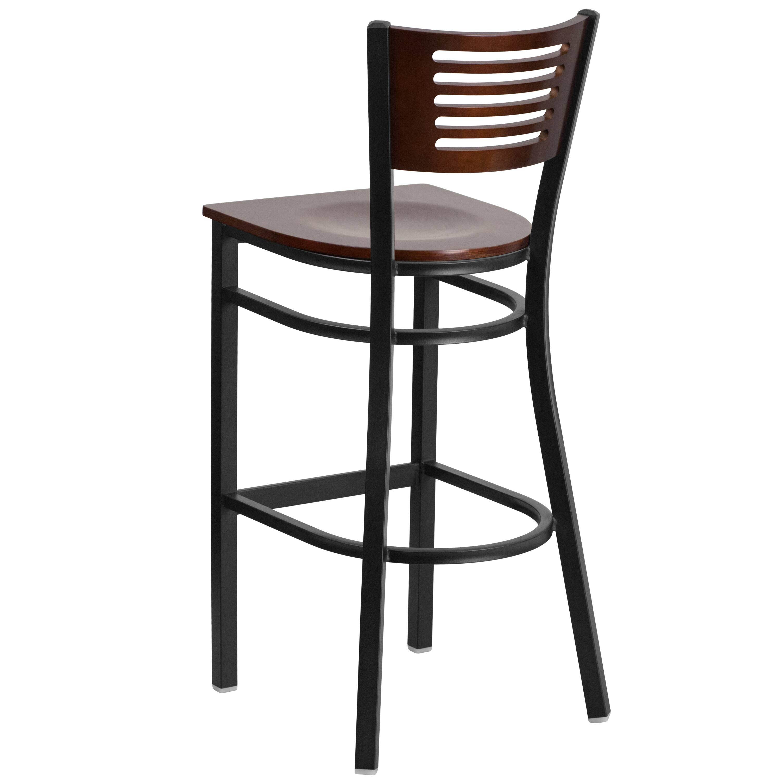 Alt View 3. Emma + Oliver - Decorative Slat Back Metal Restaurant Dining Barstool - Walnut Wood Back/Walnut Wood Seat/Black Metal.