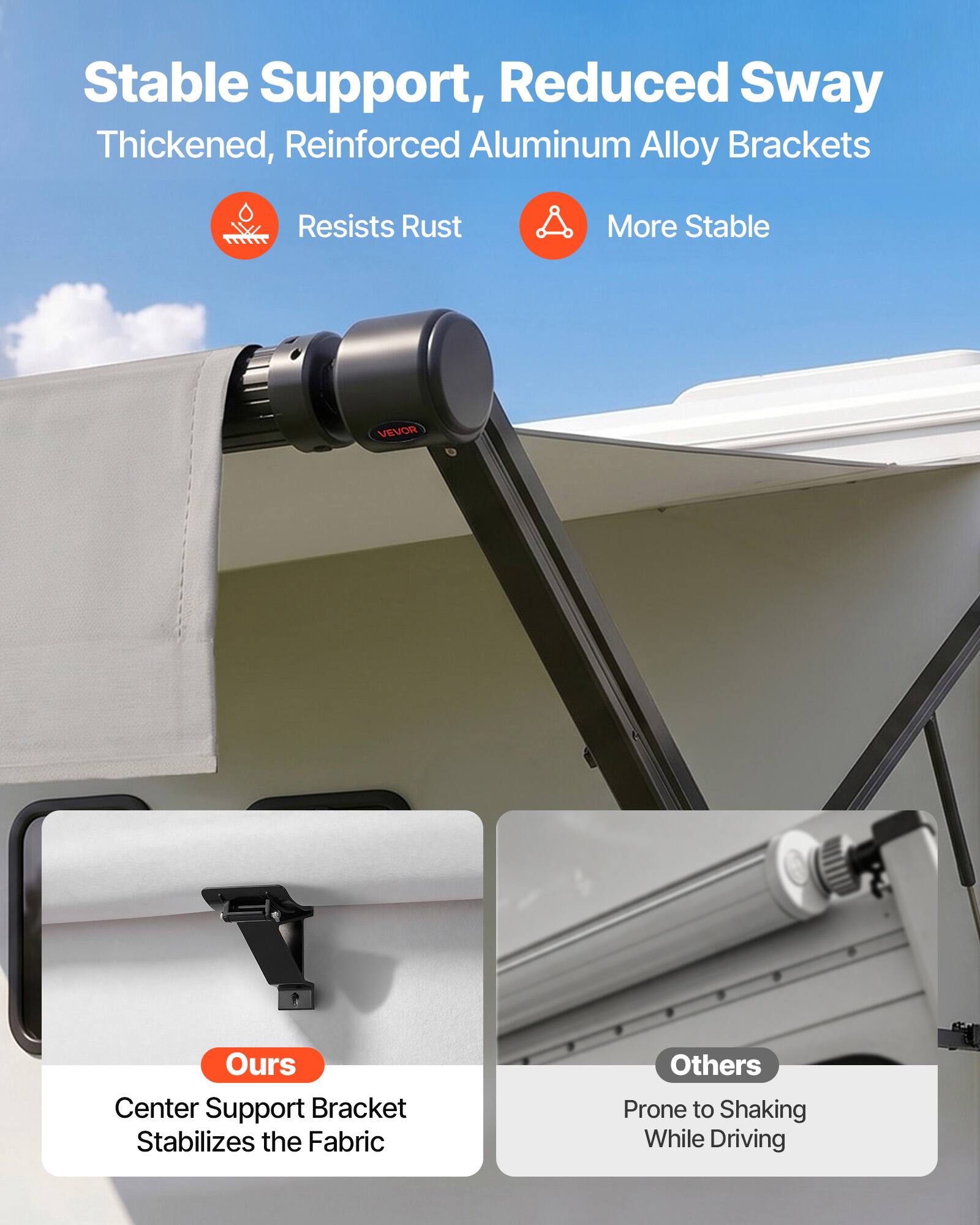 Stable Support, Reduced Sway  
Thickened, Reinforced Aluminum Alloy Brackets  
Resists Rust  
More Stable  

Ours  
Center Support Bracket Stabilizes the Fabric  

Others  
Prone to Shaking While Driving